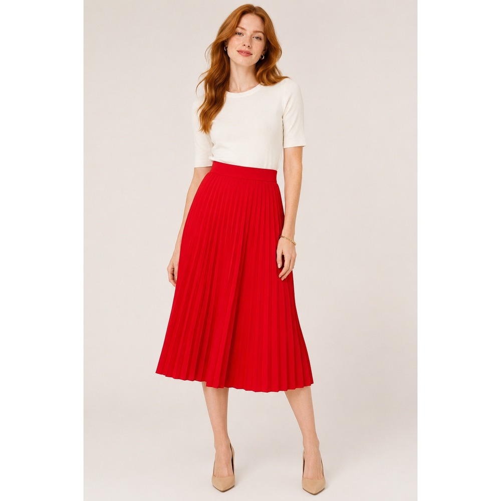 J.Crew Red Pleated Midi Skirt Women Size 2 Accordion Lined Solid A-Line Zip